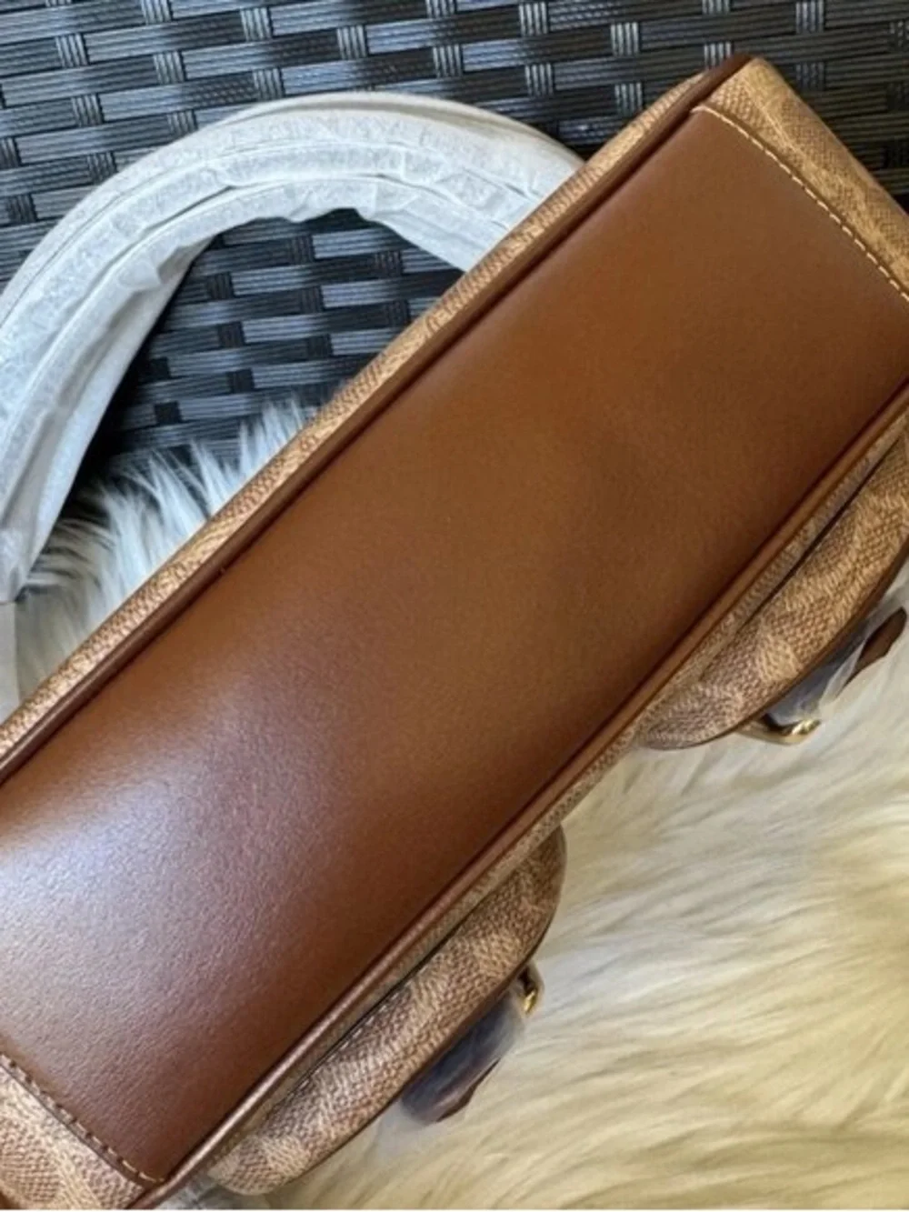 Coach Brown Signature Shearling Trim Shoulder Bag with Gold Hardware